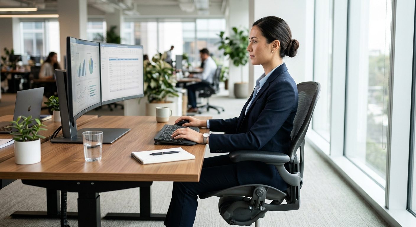 Mand sidder korrekt i en ergonomisk kontorstol med god ryglæn og nakkeunderstøttelse ved sit skrivebord