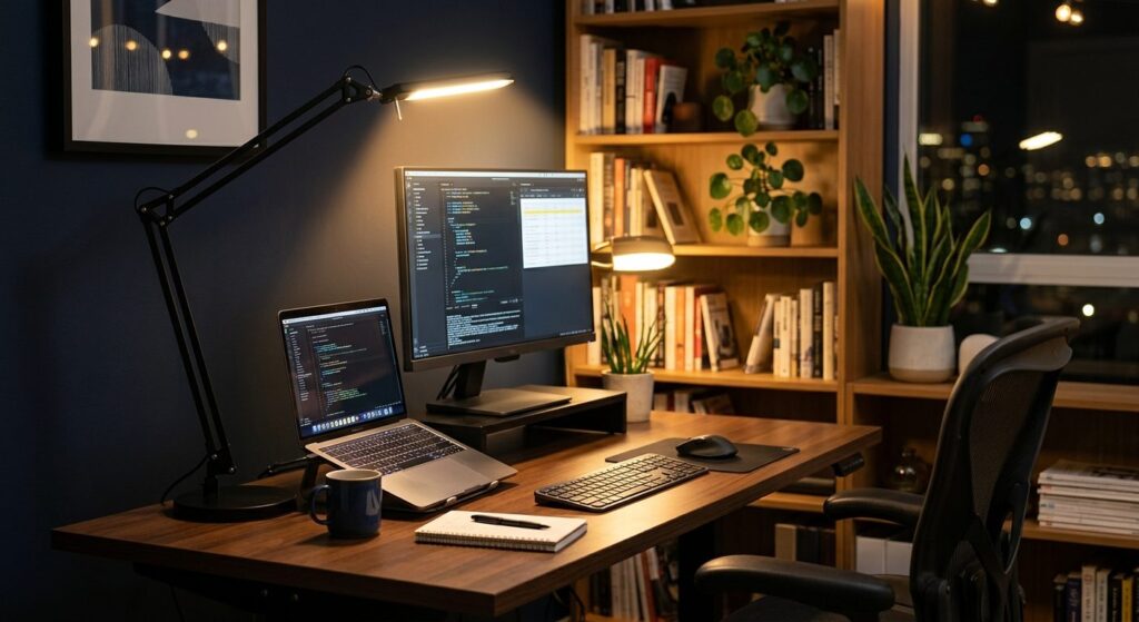 Moderne arbejdsskrivebord med professionel LED-skrivebordslamp der skaber fokuseret belysning uden reflekser