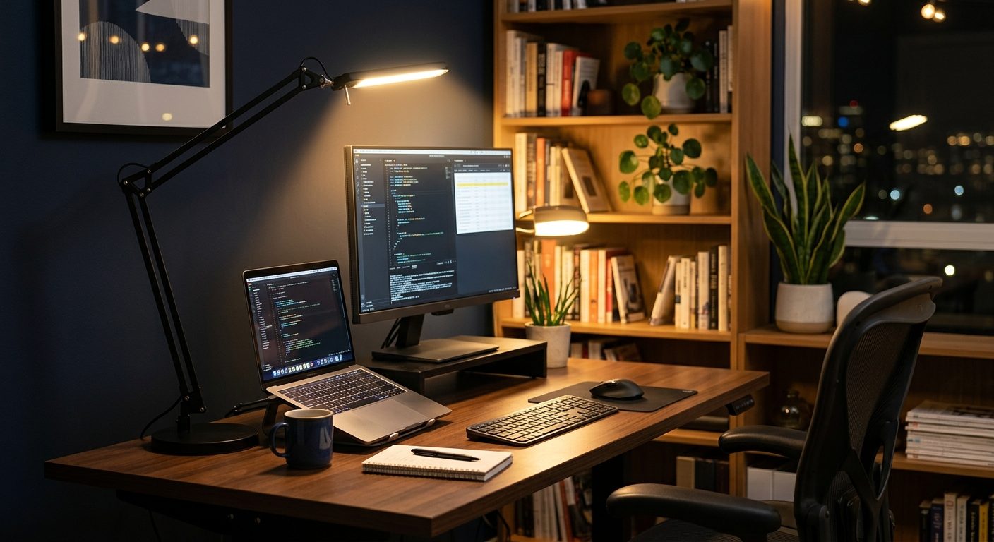 Moderne arbejdsskrivebord med professionel LED-skrivebordslamp der skaber fokuseret belysning uden reflekser