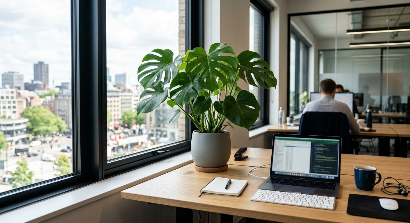 Grøn kontorplante på moderne skrivebord ved vindue, forbedrer arbejdsmiljø