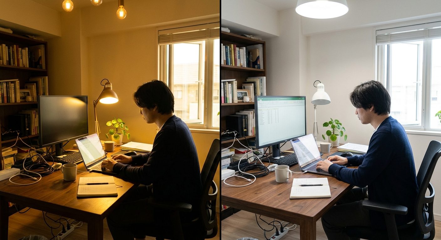 Sammenligning af dårlig og god belysning i hjemmekontor – gult lys versus neutralt hvidt lys