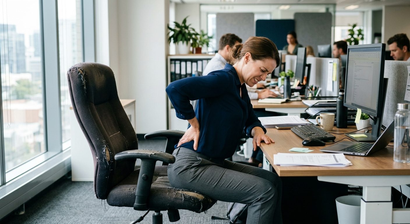 Træt kontoranstaltet sidder i dårlig stol med rygsmerter, illustrerer arbejdsskader fra ergonomisk fejlbelysning