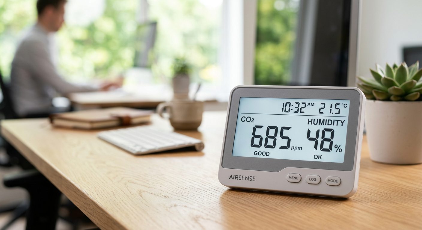 Professionelt indeklimamåler med fugtigheds- og CO2-display på skrivebord i kontormiljø