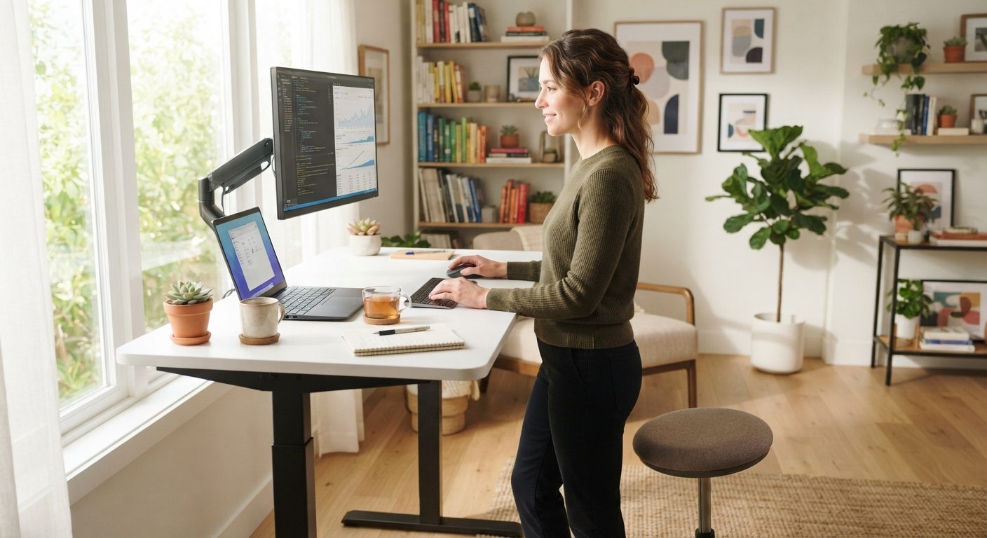 Person arbejder stående ved et hæve-sænkebord i et lyst hjemmekontor