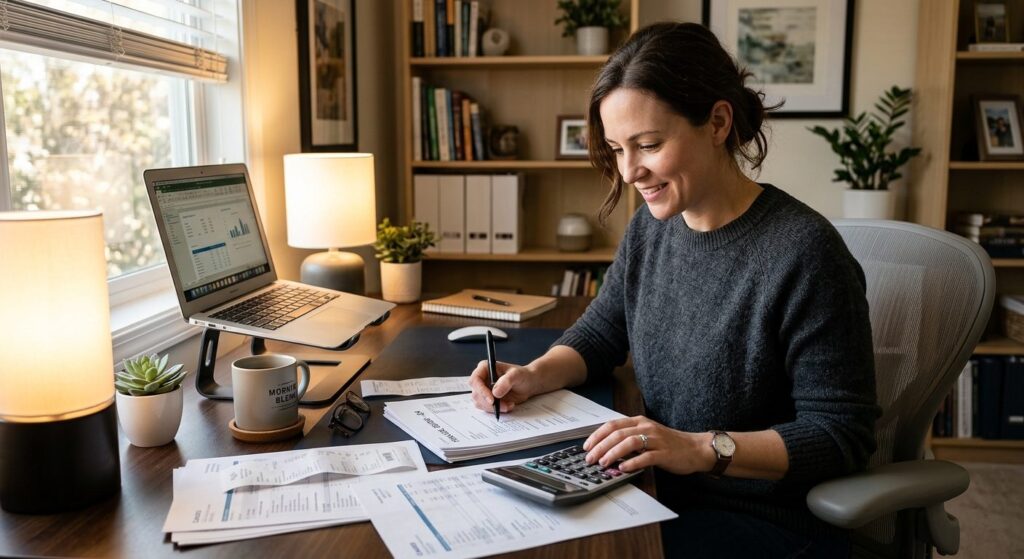 Person gennemgår papirer om fradrag for hjemmekontor ved skrivebordet