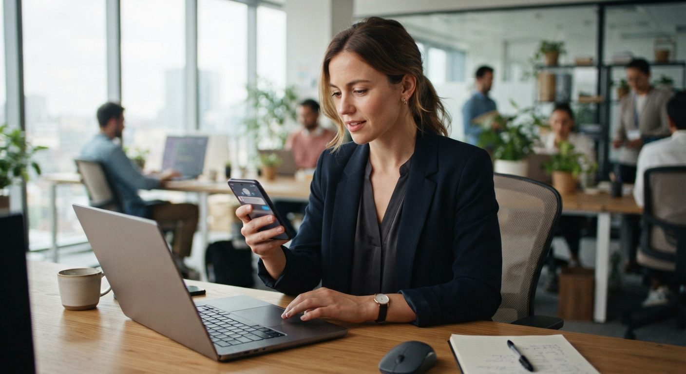 Medarbejder bliver forstyrret af notifikationer på telefonen mens hun arbejder ved skrivebordet