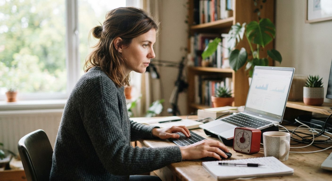 Person der bruger pomodoro teknik med timer ved skrivebordet