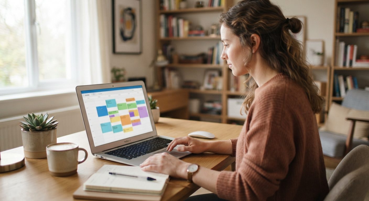 Person planlægger sin arbejdsdag med time blocking i en digital kalender