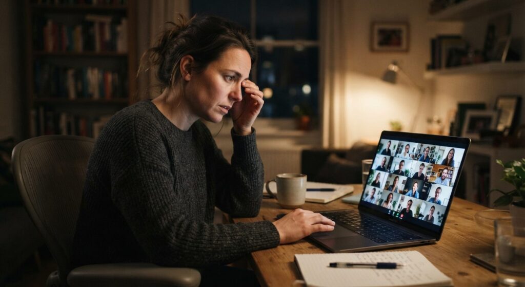 Person oplever videomøde-træthed foran computerskærm under online møde