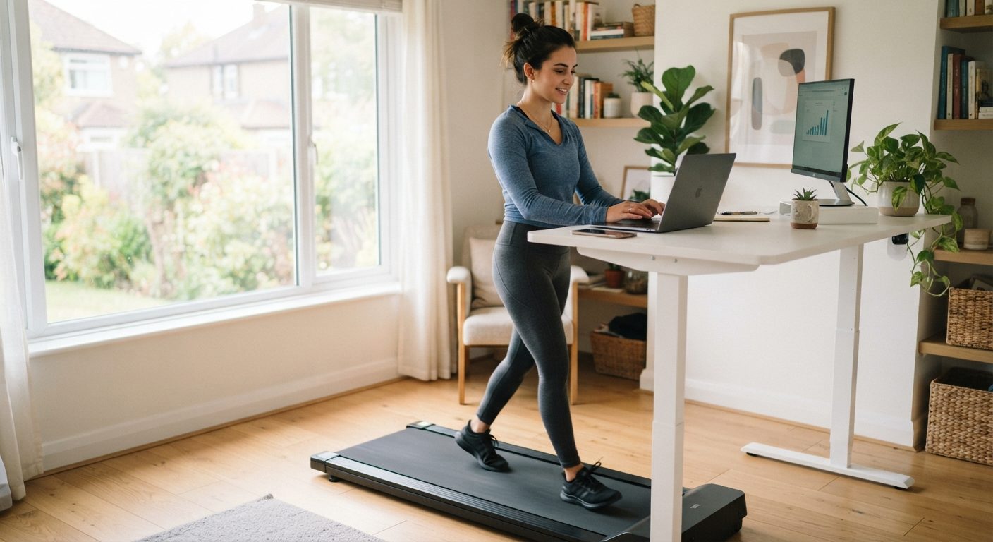Person går på walking pad under hævet skrivebord mens hun arbejder på computer