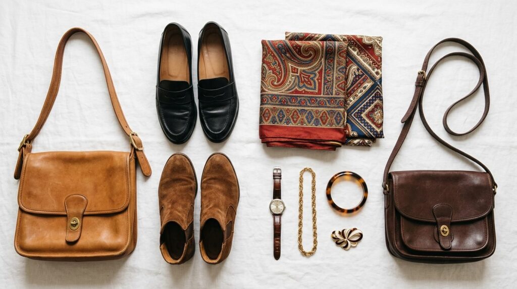 Close-up flat lay photography of sustainable fashion essenti