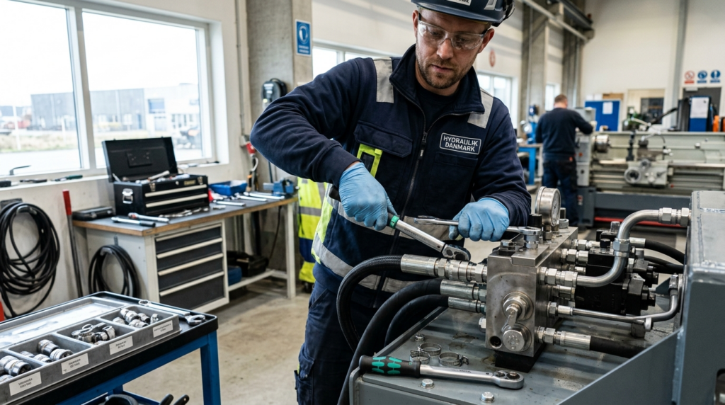 A skilled Danish technician in safety gear inspecting and in
