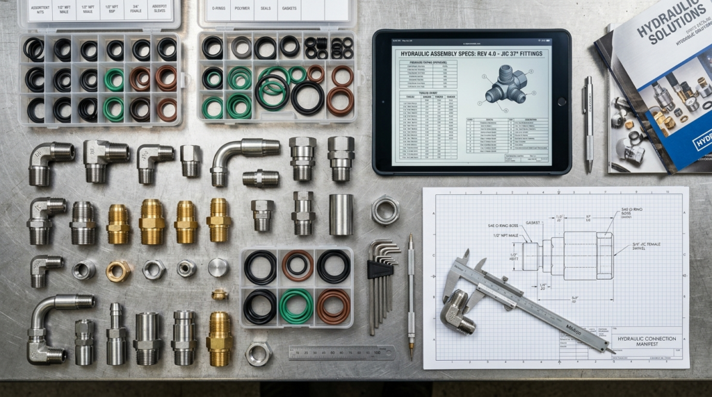 Overhead flat lay of different types of hydraulic fittings, 
