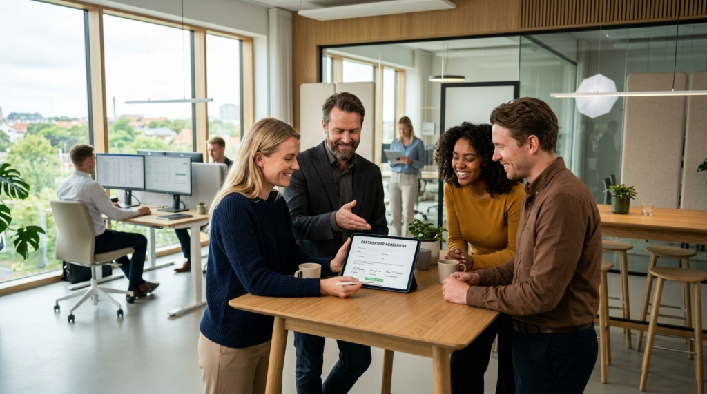 Team of diverse Danish professionals in bright open-plan off