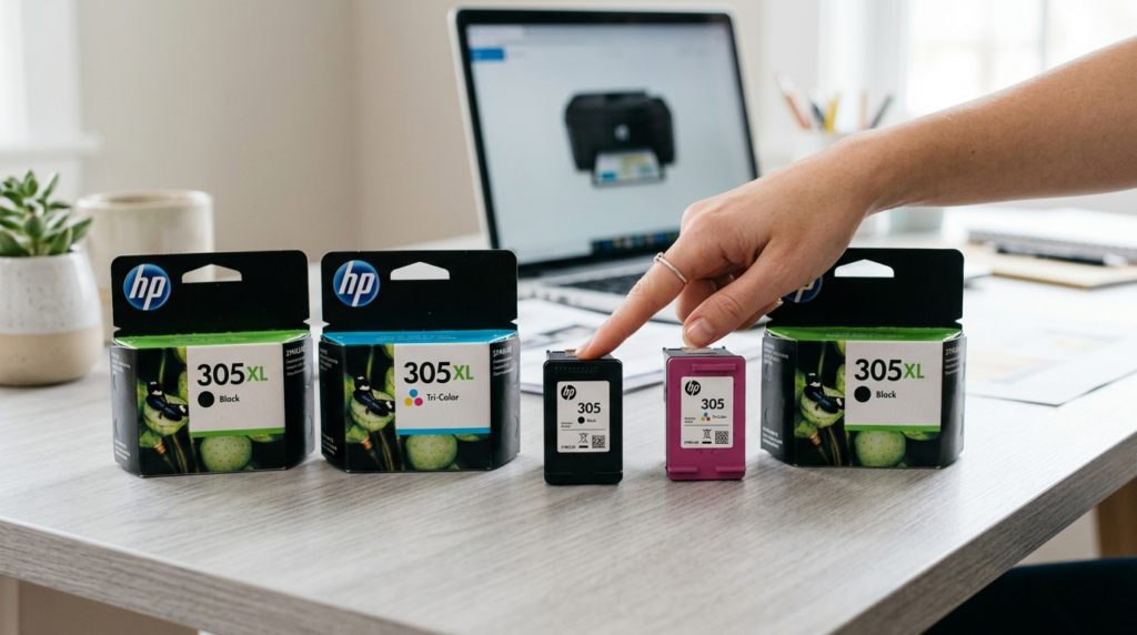 Close-up detail shot of multiple HP ink cartridges arranged