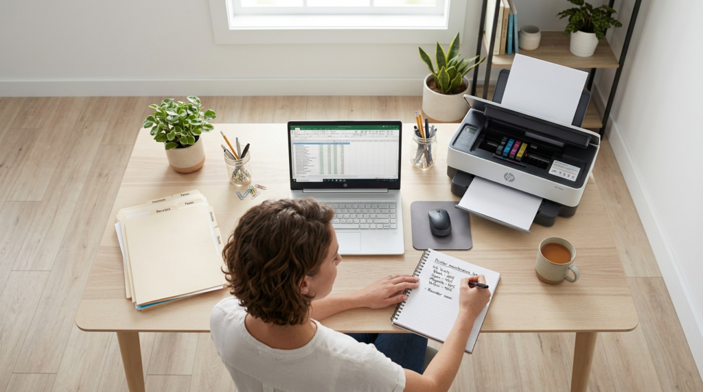 Aerial view of a small business home office setup with an HP