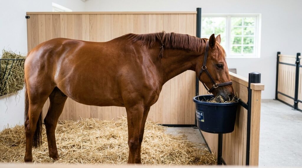 Realistic photograph of a healthy, well-fed chestnut horse i