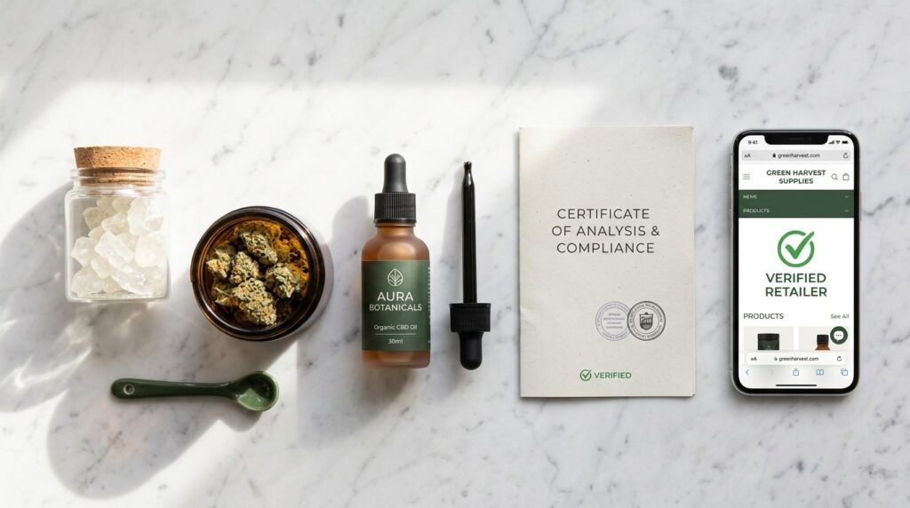 Close-up overhead flat lay of premium botanical wellness pro